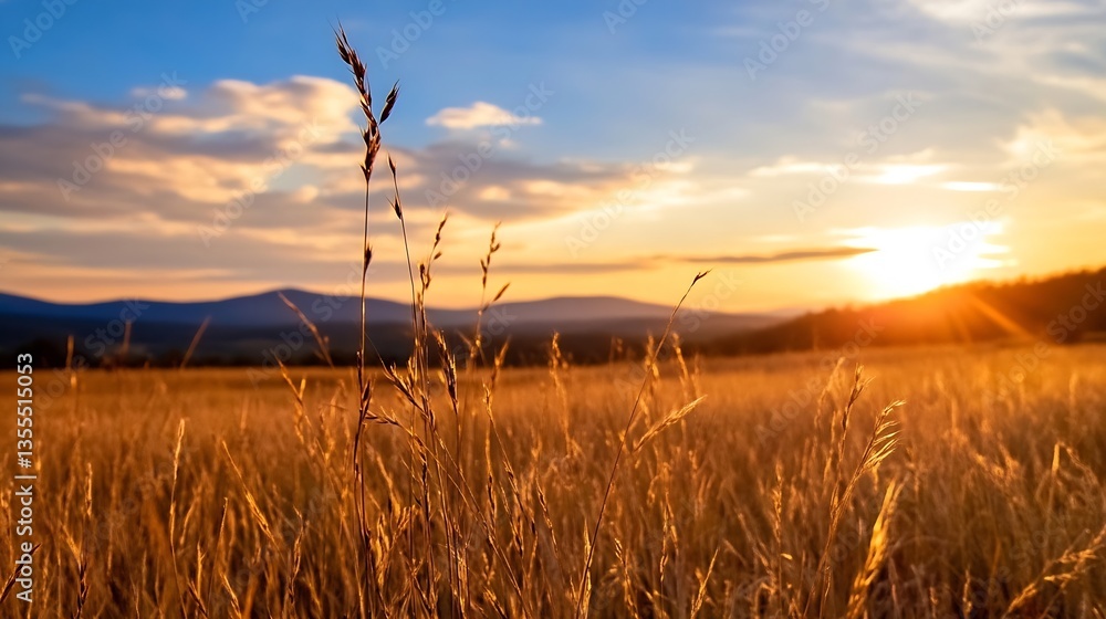 Poster golden grasses waving gently in the breeze at sunset with the backdrop of a mountain range : generat