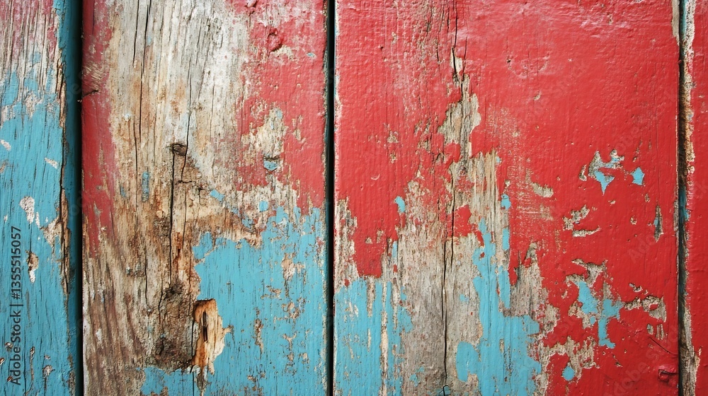 Poster weathered wooden boards with vibrant peeling paint showcasing rustic charm and texture : generative 