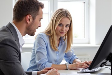 Fototapeta premium Engaged Discussion Between a Young Man and Woman in a Modern Office Environment with a Computer Setup, Fostering Collaboration and Problem-Solving.