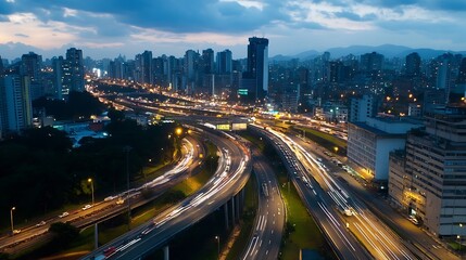 Obraz premium Dynamic cityscape at twilight showcasing busy highways and vibrant lights of buildings and traffic : Generative AI