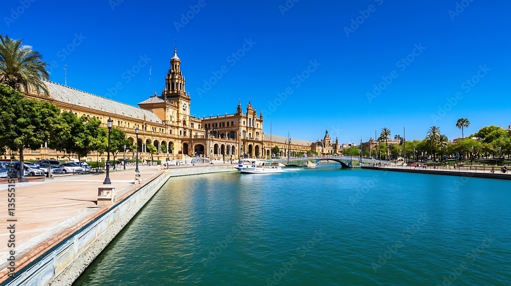 Poster charming historic architecture seen along a tranquil river under a clear sunny sky : generative ai