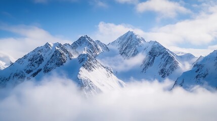 Majestic snow capped mountains rising above the clouds in a clear blue sky : Generative AI