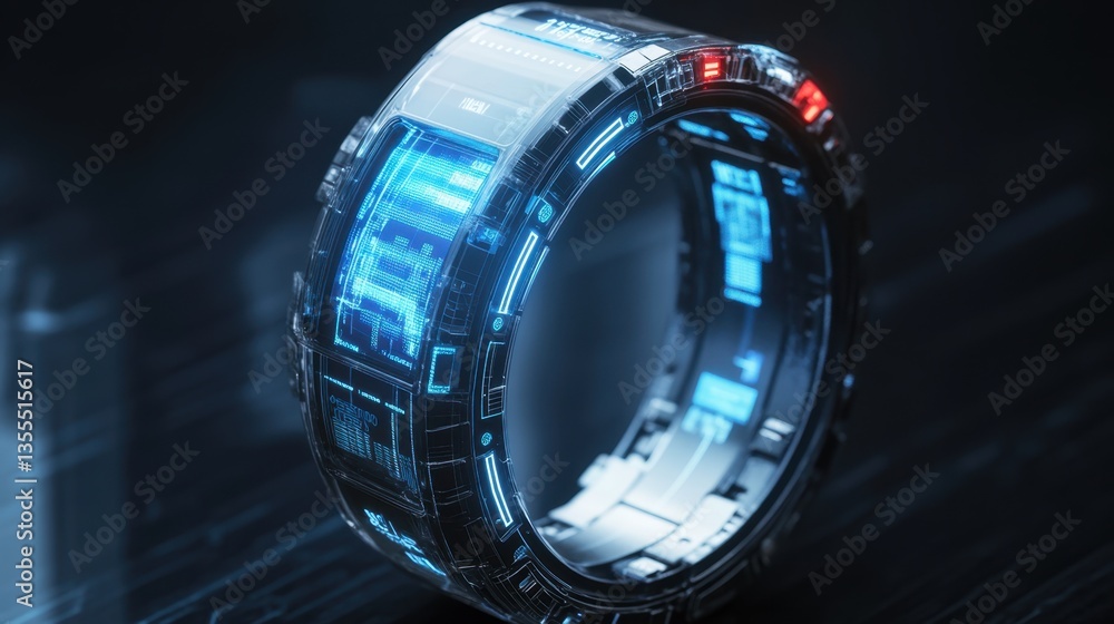 Poster a high-end digital ring sizer with a futuristic display and precise sensors, placed on a smooth onyx