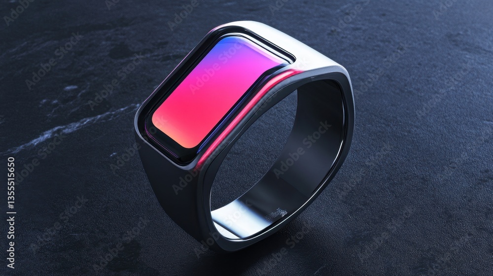 Poster a high-end digital ring sizer with a futuristic display and precise sensors, placed on a smooth onyx