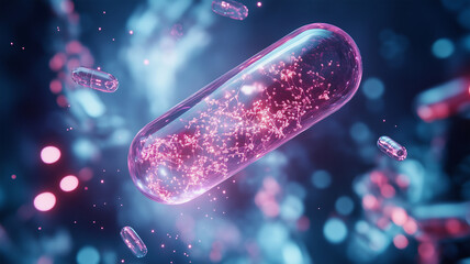 floating capsule breaks open, releasing vibrant particles in dynamic, glowing display. scene is set against blurred, colorful background, creating sense of motion and energy