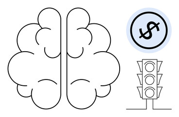 Brain outline divided into hemispheres, dollar in circle, traffic light with three signals. Ideal for economy, financial planning, decision-making, psychology, choices ideas strategy. Simple flat