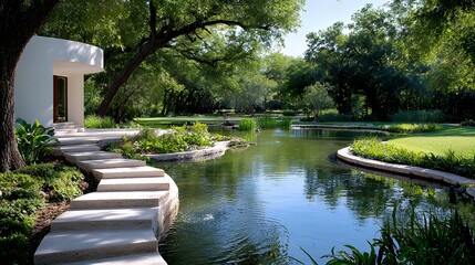 Fototapeta premium Serene Garden Landscape with Pond and Elegant Architecture in Sunlight