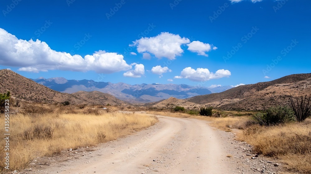 Poster dusty road winding through arid mountains with bright clouds and blue sky creating an open landscape
