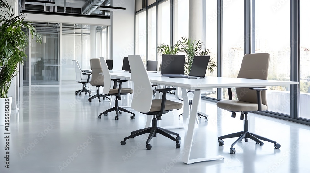 Aufkleber modern office environment featuring bright workspace with ergonomic chairs and large windows : gener