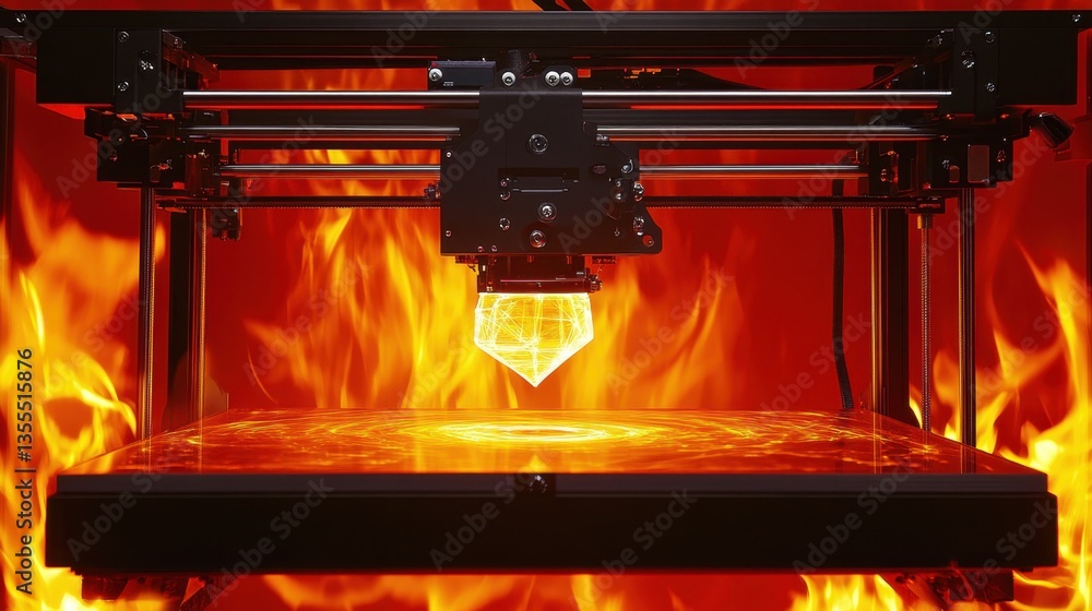 Aufkleber a high-speed d printer actively printing a large object on a fiery red background.
