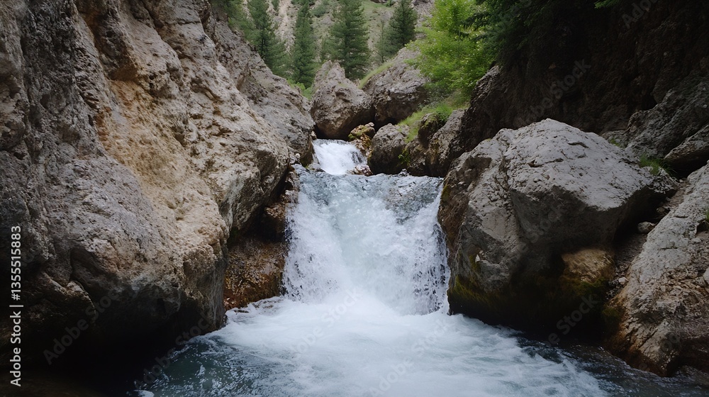 Poster scenic view of a waterfall cascading through rocky terrain surrounded by lush greenery and nature : 