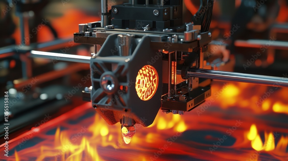 Poster a high-speed d printer actively printing a large object on a fiery red background.