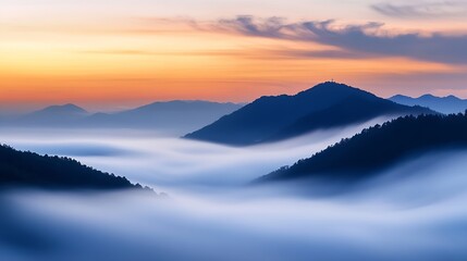 Stunning mountain landscape at sunrise with dreamy mist over rolling hills and vibrant colors in the sky : Generative AI