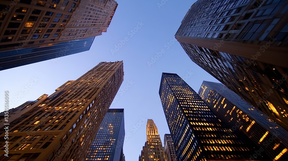 Poster dramatic upward view of tall urban skyscrapers against a twilight sky with glowing windows showcasin
