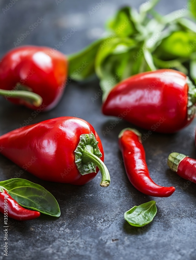 Poster colorful array of fresh red and green chili peppers and leafy greens on a dark textured surface idea