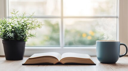 Savoring cozy moments steaming coffee and open book in a serene home reading corner