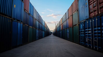 Fototapeta premium Colorful cargo containers stacked neatly on a dock under a bright blue sky : Generative AI