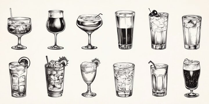 Dibujos de diferentes bebidas en vasos