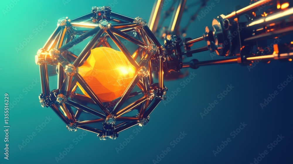 Poster a high-tech d printer nozzle actively printing a geometric object on a deep blue background.