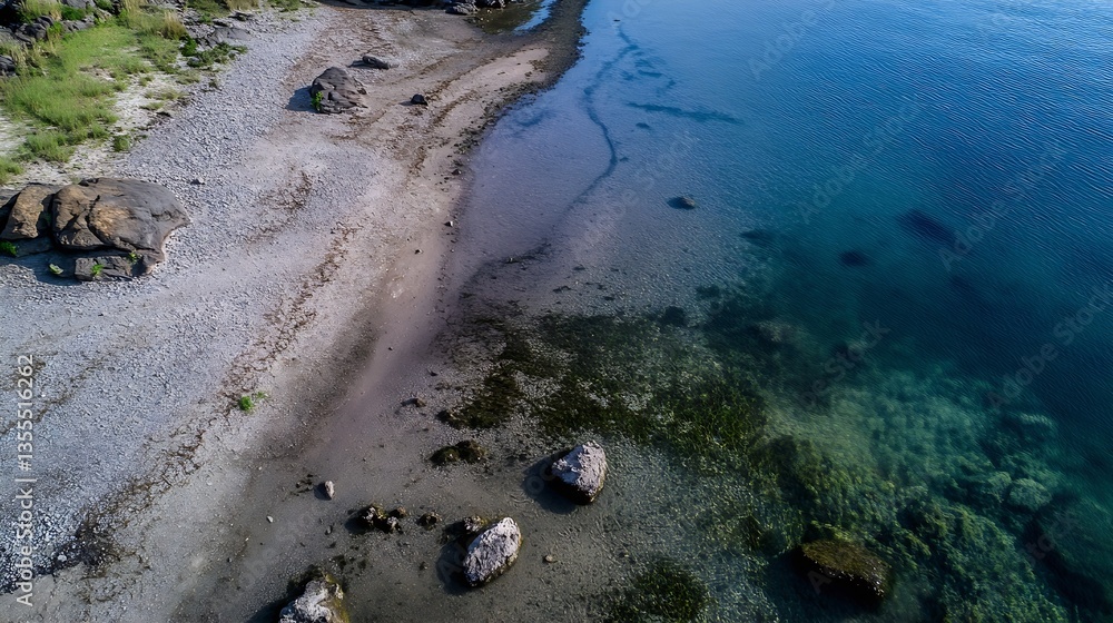 Poster coastal shoreline featuring clear water and pebbles at an inviting beach setting : generative ai