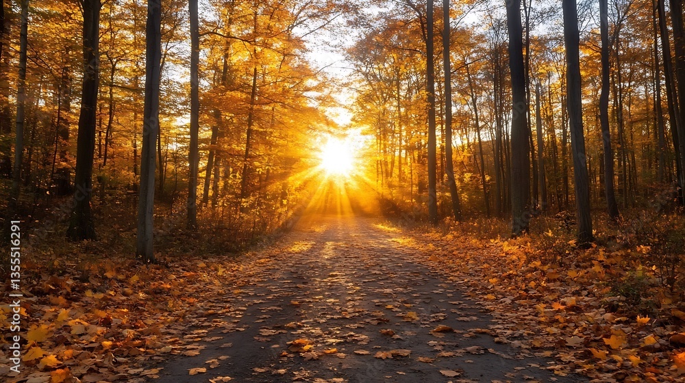 Poster scenic autumn landscape showcasing a sunlit path amidst colorful trees with golden leaves : generati