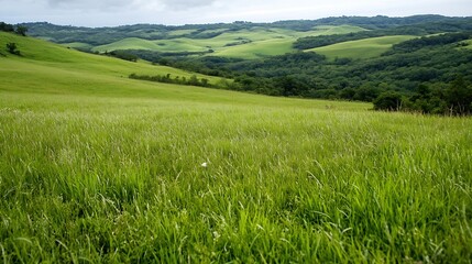 Fototapeta premium Expansive view of rolling green hills dotted with dense forest under a cloudy sky : Generative AI