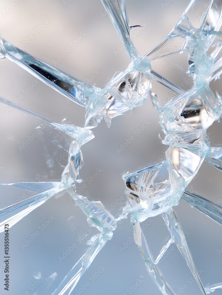 Poster Artistic closeup of shattered glass with intricate patterns reflecting light and shadows : Generative AI