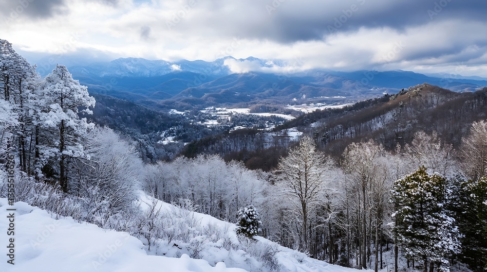Poster stunning winter landscape capturing snowcapped mountains and frosty tree coverage in a peaceful vall