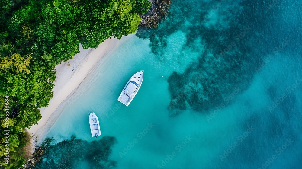 Poster aerial view of tropical beach with boats anchored in crystal clear waters : generative ai