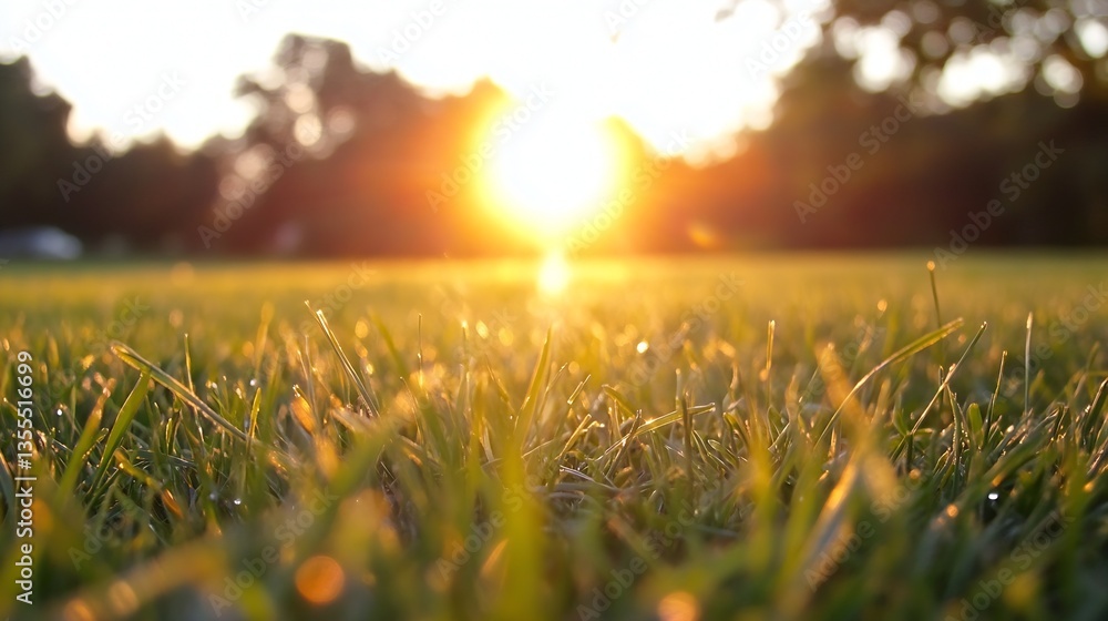 Poster the sun setting on a tranquil grassy field illuminated by warm golden light reflecting off water dro