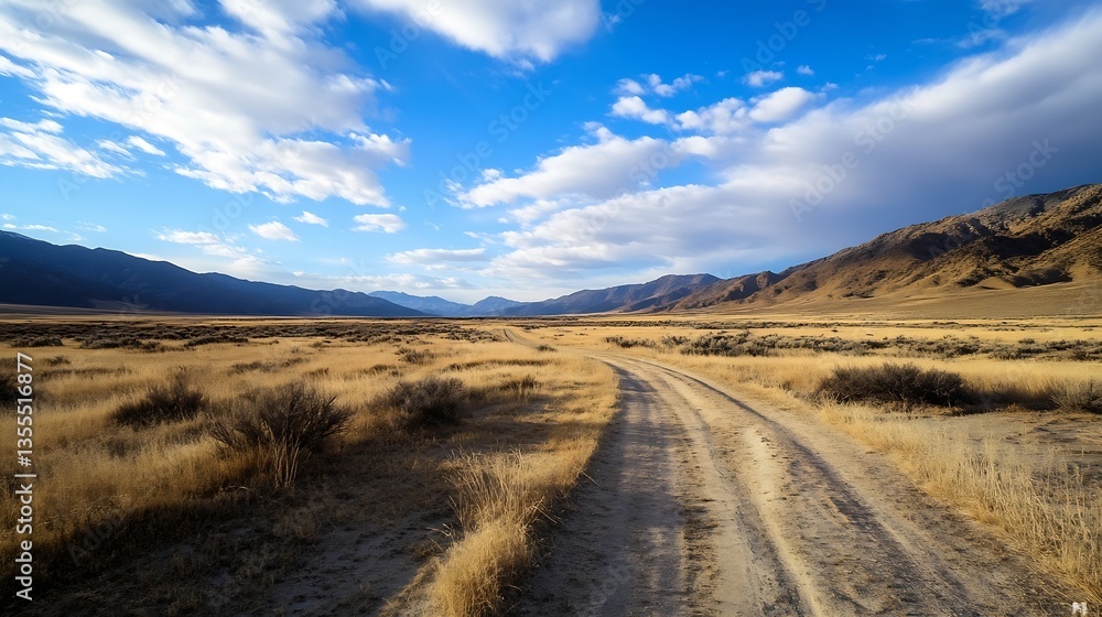 Poster wide open landscape with dirt path leading through golden grasses and scenic mountains in background
