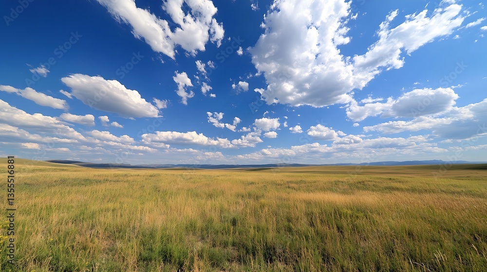 Aufkleber expansive landscape featuring lush grass under a bright sky with fluffy clouds : generative ai