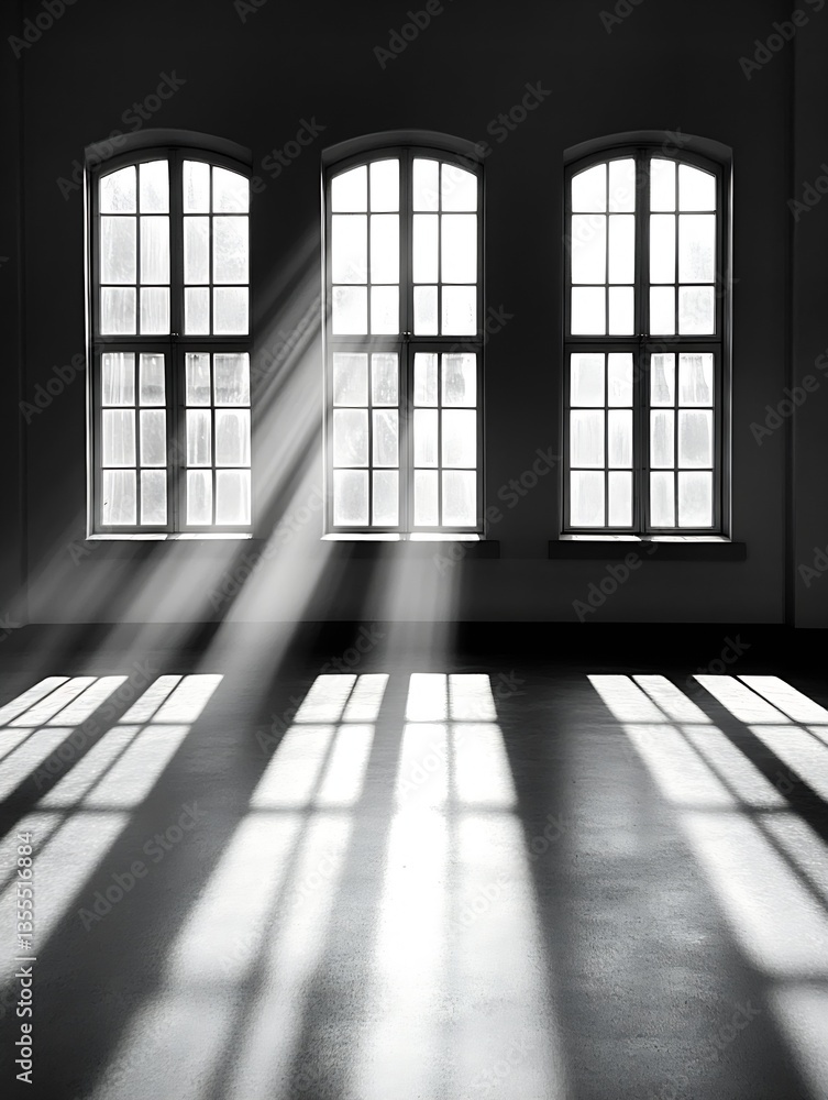 Aufkleber Interior view of a sunlit room featuring large windows casting shadows on the floor : Generative AI