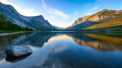 Fototapeta premium Serene mountain landscape reflecting in calm lake during golden hour with clear blue skies : Generative AI