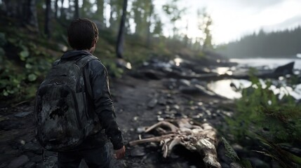 Young Boy Exploring a Nature Trail with a Backpack Surrounded by Greenery : Generative AI