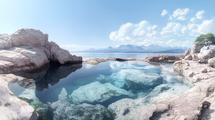 Naklejka premium Calm waters reflect mountains and clouds in serene coastal landscape during bright daylight