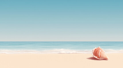Seashell resting on the sandy beach under a clear blue sky by the gentle waves during a peaceful afternoon