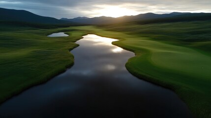 Serene golf course at dawn.  Reflecting water surrounds lush green fairways.  Sunrise illuminates distant mountains