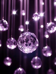 Sparkling purple crystal ornaments hanging from vertical thin threads gracefully