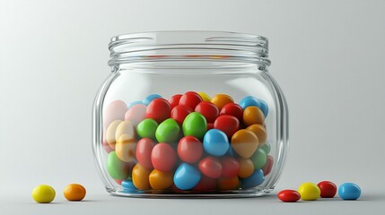 Colorful candies in a clear glass jar on a white background.