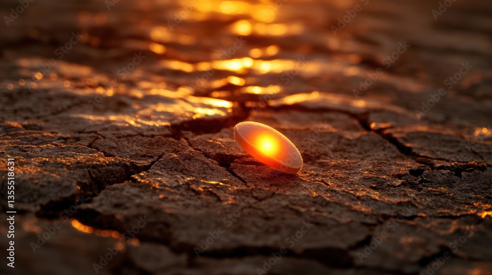 Poster sunlit object on cracked earth surface at sunset creating warm glow and texture in nature scene