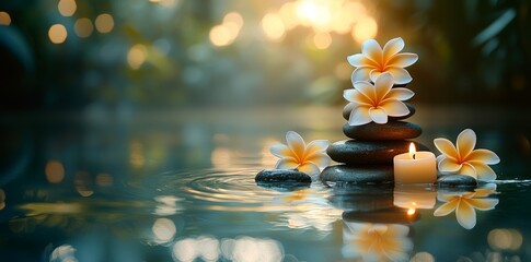 Beautiful spa composition with flowers and stones on a background of water.