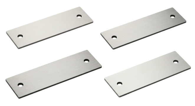 Four Brushed Metal Plates with Drilled Holes on a Clean White Background