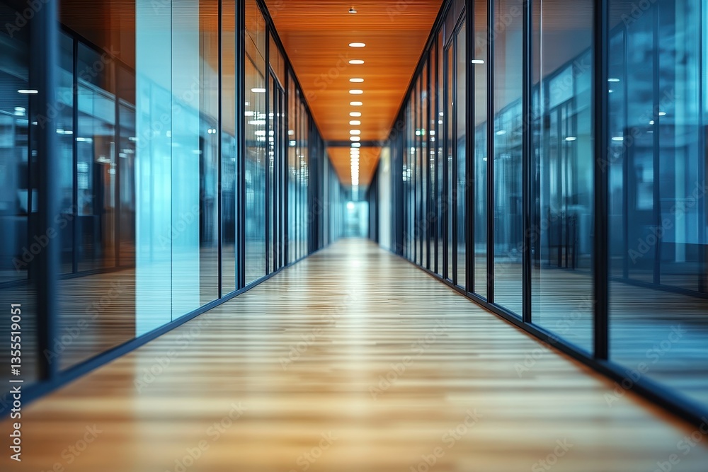 Aufkleber Bright and spacious office corridor with modern glass partitions showcasing a clean and organized workspace