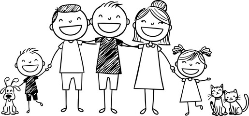 Smiling stick figure family members are standing together with their pets for representing family values and togetherness designs.