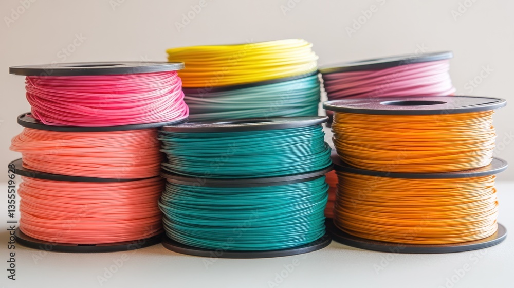 Poster a stack of multicolored d printer filaments neatly arranged on a light gray backdrop.
