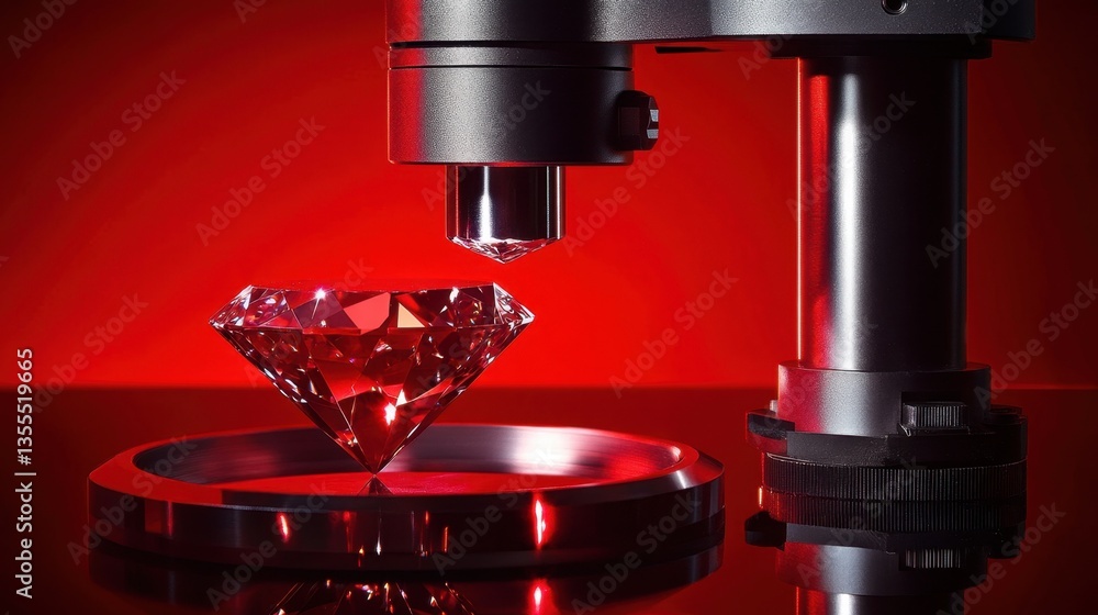 Poster a state-of-the-art diamond-cutting machine, placed on a deep ruby red background.