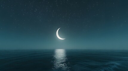 Serene crescent moon over a calm, dark ocean under a starry night sky. Peaceful and tranquil scene reflecting moonlight on water.