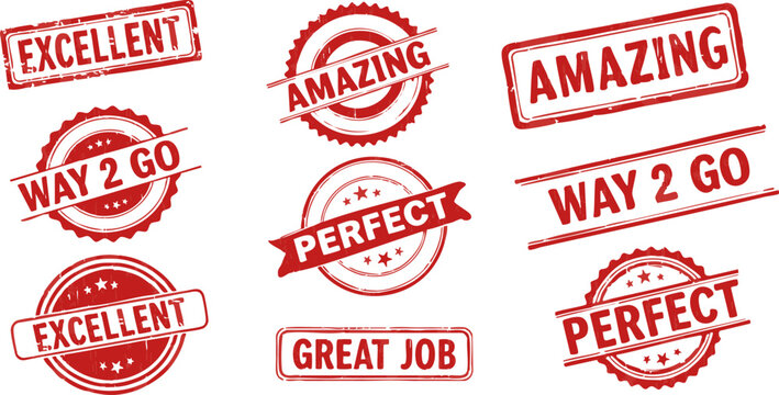 Various red rubber stamp designs display positive affirmations like 'Excellent' and 'Amazing' Use it for visual communication to highlight.