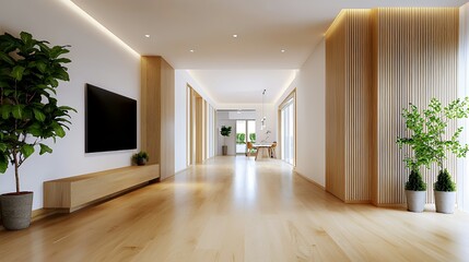 Obraz premium Modern Minimalist Home Interior Empty Room with Light Wood Floor and Plants
